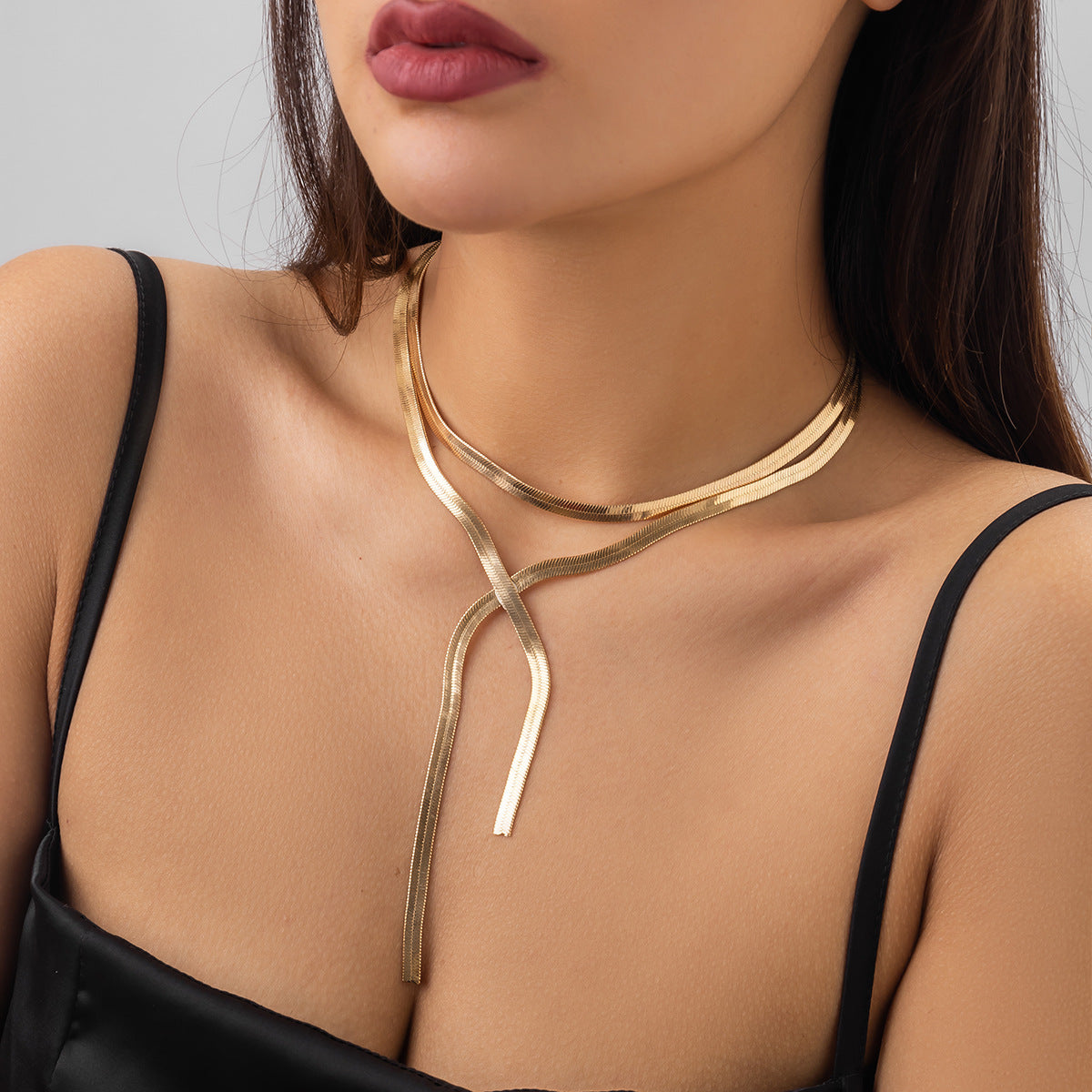 Long V-Shaped Tassel Pendant Necklace Female with Double Snake Bone Chain