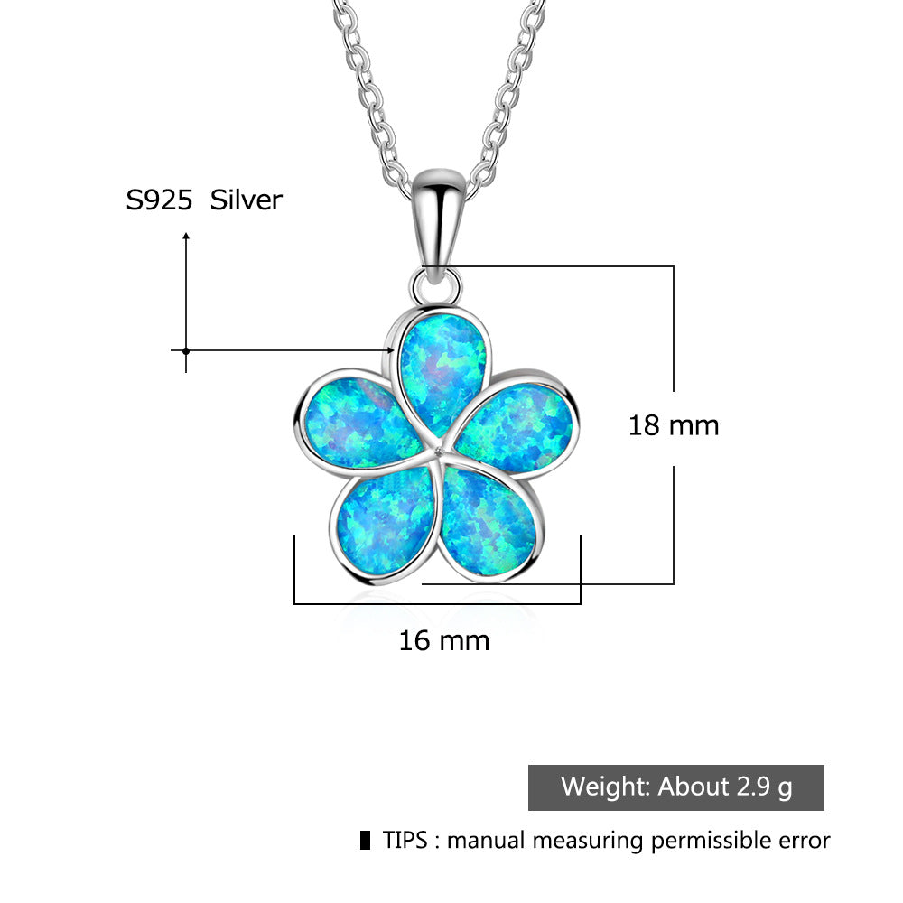 Planderful Jewelry Blue Opal Necklace With Flower Pendant In Sterling Silver S925