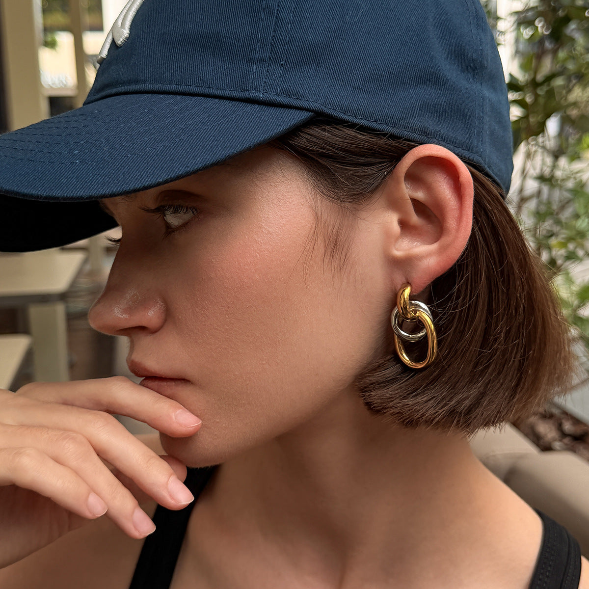 Planderful Stainless Steel Double Ring Earrings Color Block Geometric Versatile Statement For Women