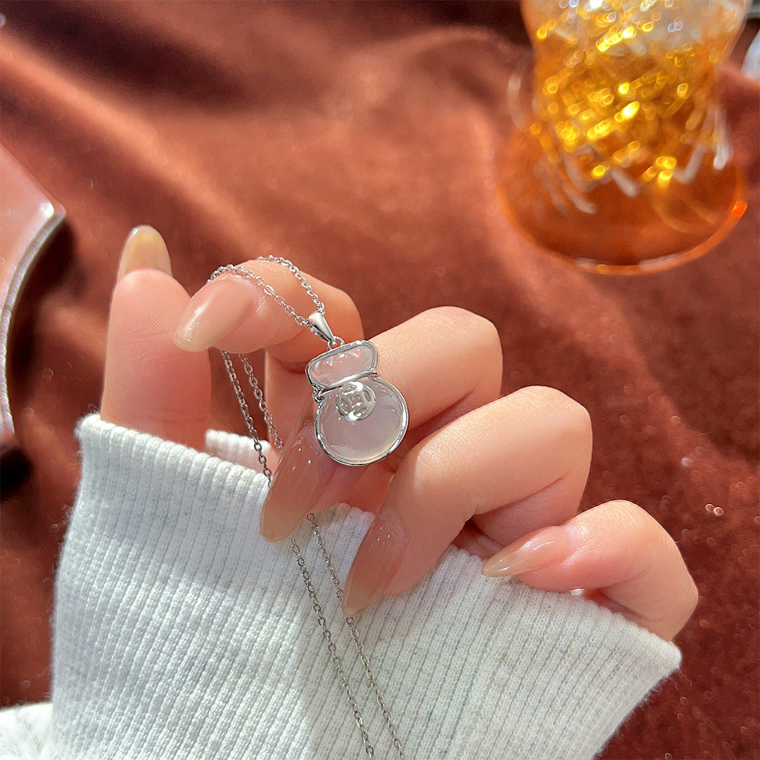 S925 Sterling Silver Chalcedony Lucky Bag Necklace Gift