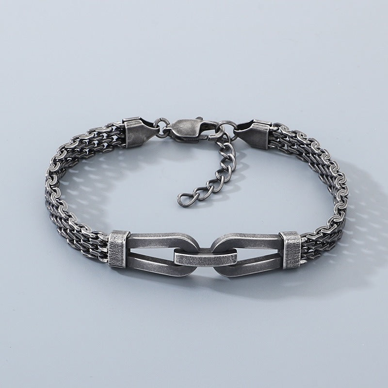 Style Hollow Woven Chain Design Horseshoe Buckle Titanium Steel Men's Bracelet