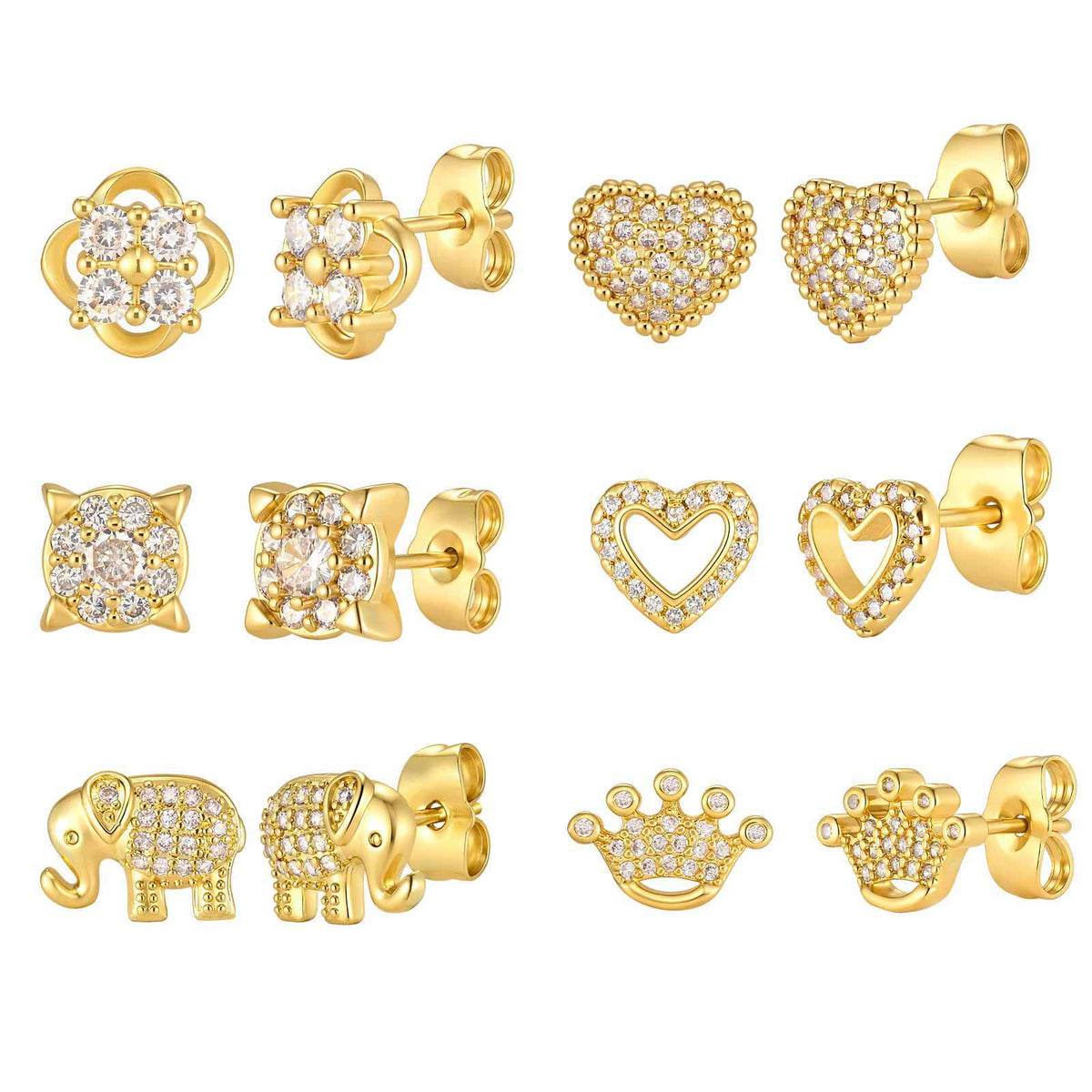 Crystal Motif Stud Earrings — 6 Gold-Tone Designs
