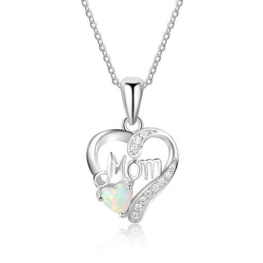 Planderful Jewelry Korean Style Opal Necklace in Sterling Silver with Double Heart Pendant