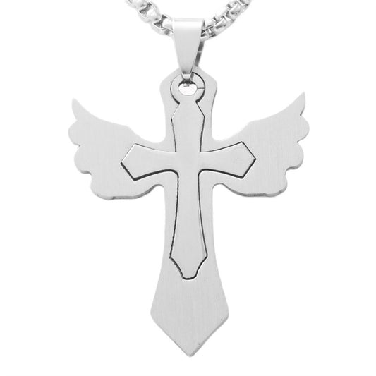 Trendy Titanium Steel Cross and Angel Wing Pendant Necklace for Men and Women