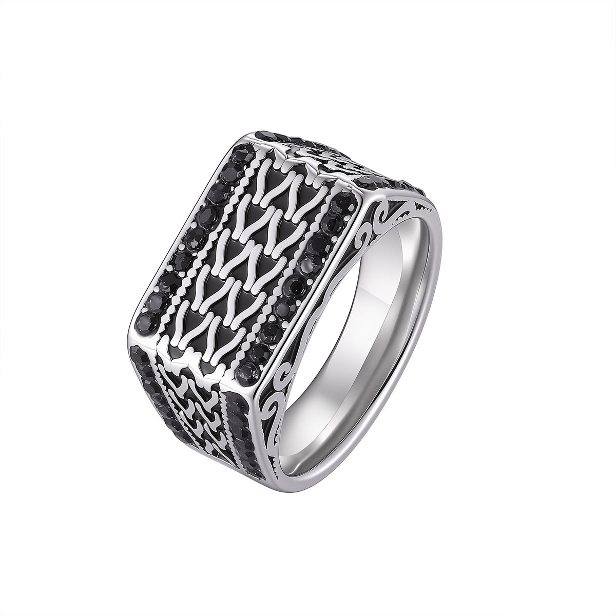 Stainless Steel Zircon Chain Woven Pattern Men's Ring Explosion