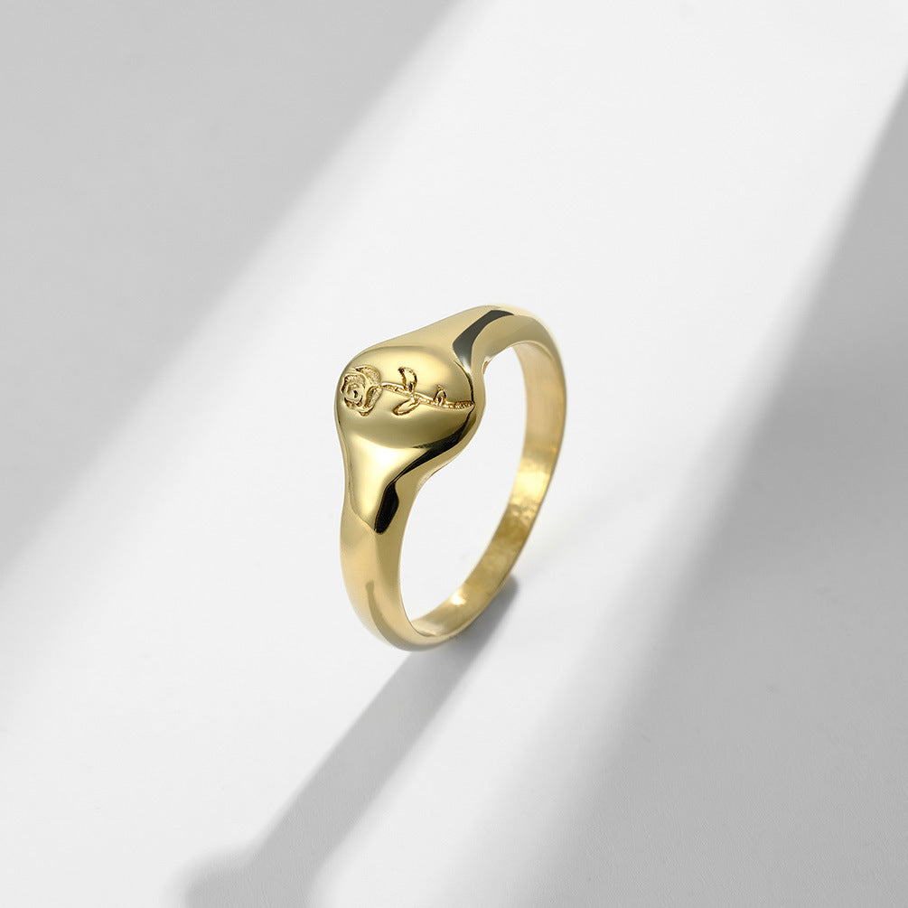 Steel Ring - Elegant European And American Style Floral Seal Ring For Everyday Wear