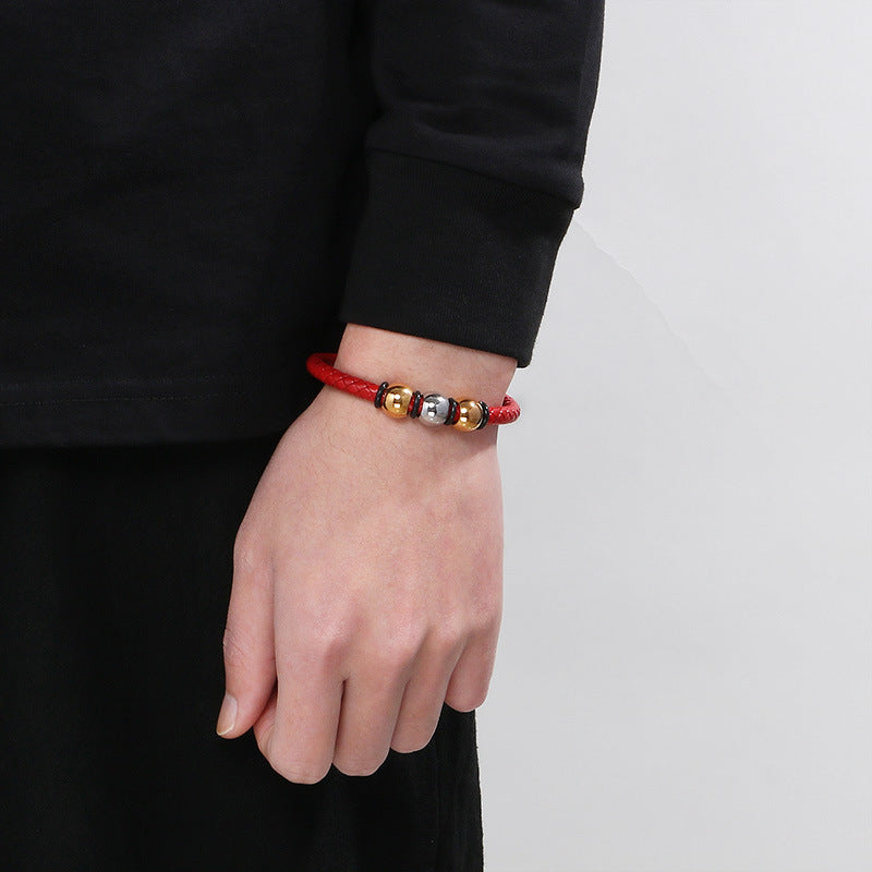 Planderful Mens Stainless Steel Leather Bracelet Hip Hop