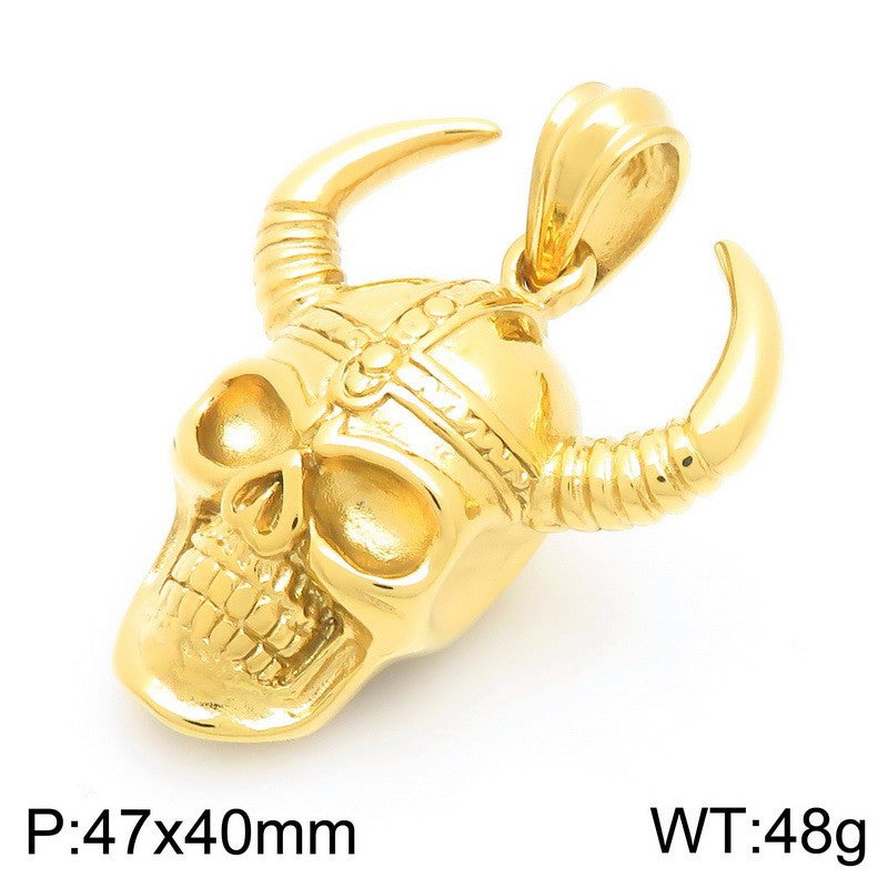 Enjoy The Punk Style Bull Head Pendant, Nordic Viking War Helmet Horn Skull Necklace