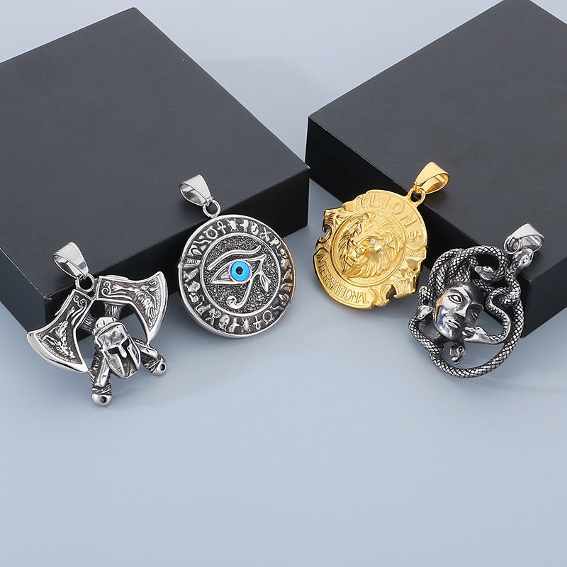 Mythology Series Pendant, Retro Double-Sided God Axe Mask Devil'S Eye Snake Woman Titanium Necklace