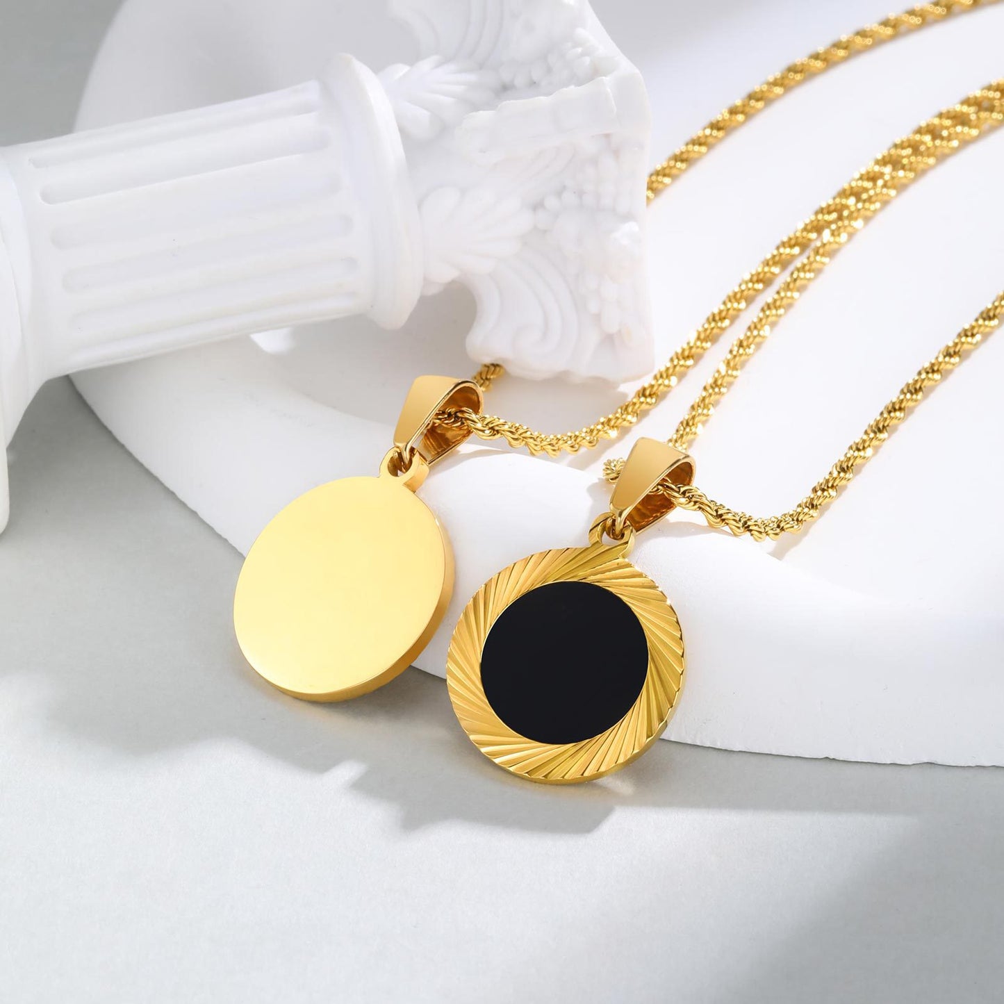 Unisex Stainless Steel Batch Flower Black Acrylic Pendant Necklace