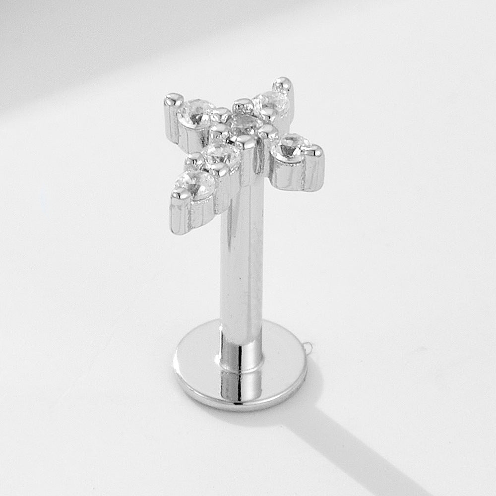 Planderful S925 Sterling Silver Cross Earrings With Zircon Flat Head For Cartilage Piercing Lovers