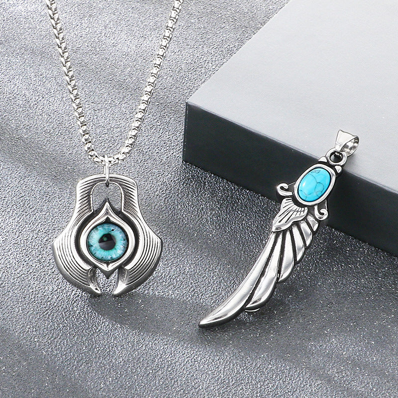 Axe Devil'S Eye Pendant, Ethnic Retro Turquoise Feather Pendant, Stainless Steel Men's Necklace