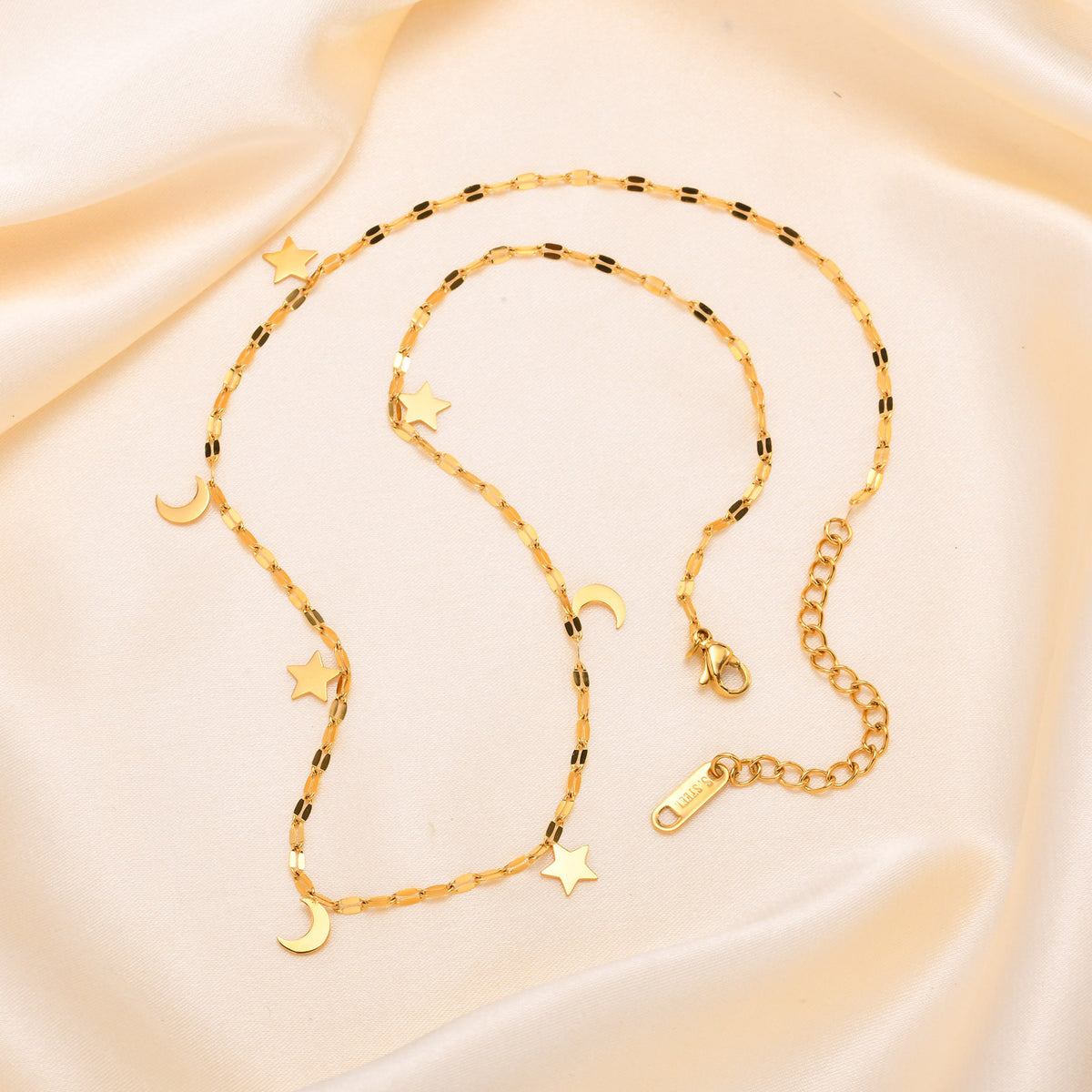 Ladies Stainless Steel Lip Chain Star Moon Necklace Gold