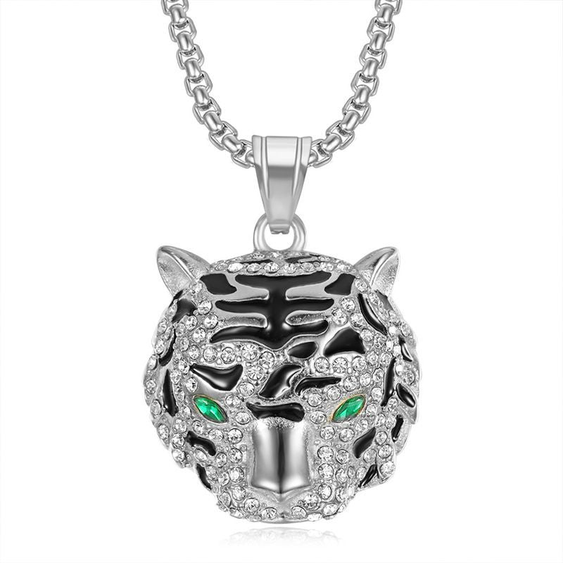 Titanium Steel Necklace – Luxury Gold-Plated Rhinestone Tiger Head Pendant For Everyday Hip Hop Style
