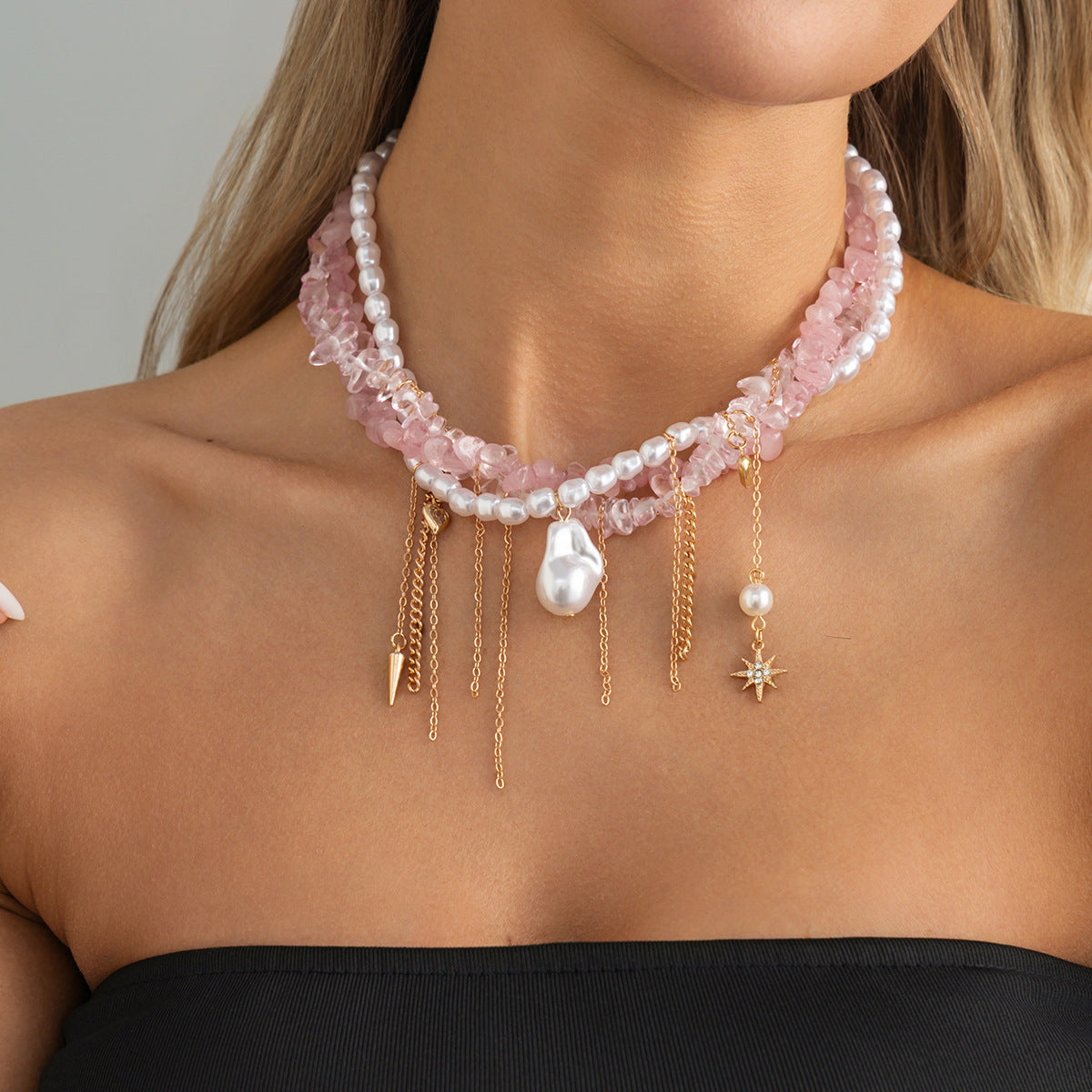 Pink Crystal-Style Pearl Heart Necklace