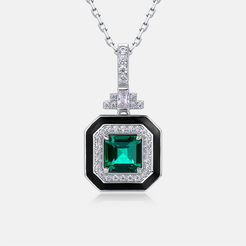 Planderful Jewelry Lab Grown Emerald Pendant Necklace In Sterling Silver S925 Square Vintage Design