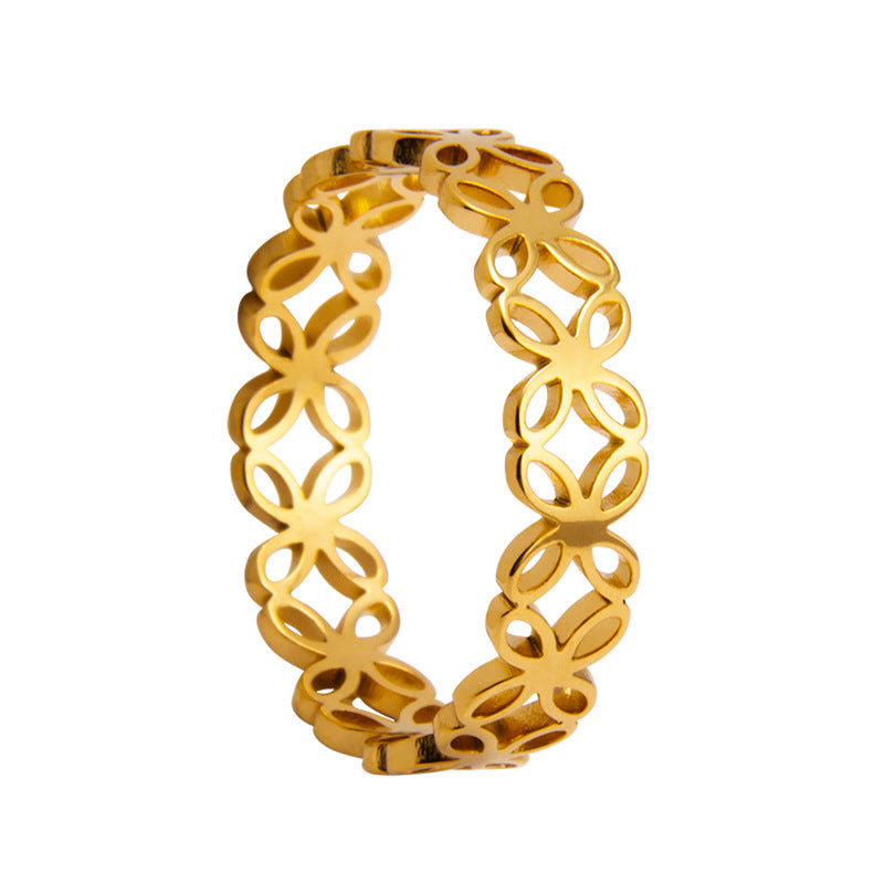 Four-Leaf Flower Hollow Titanium Couples Ring with Laser-Cut Japan & South Korea-Inspired Design