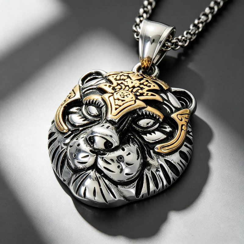 Giant Wolf Fenriel Screams Mask Pendant Three-Dimensional Two-Color Tiger Head Stainless Steel Necklace