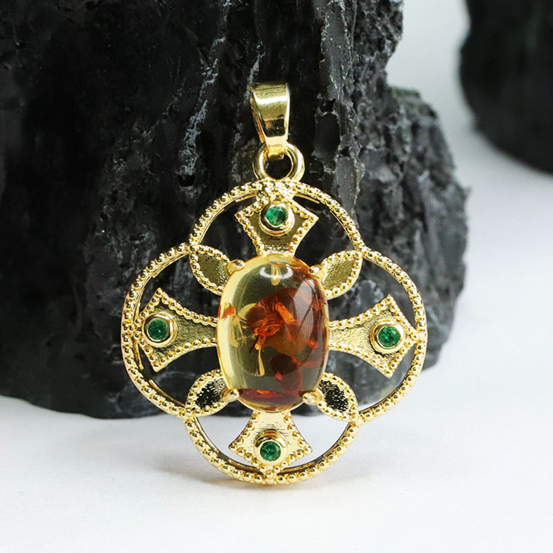 Ethnic Style Jewelry Featuring Green Zircon and Amber Pendant