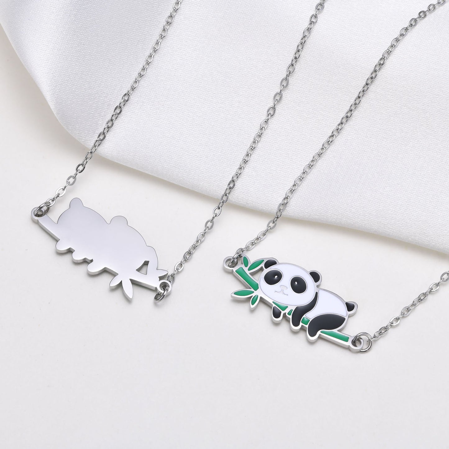 Stainless Steel All-Light Flat Cross Chain Panda Bamboo Necklace