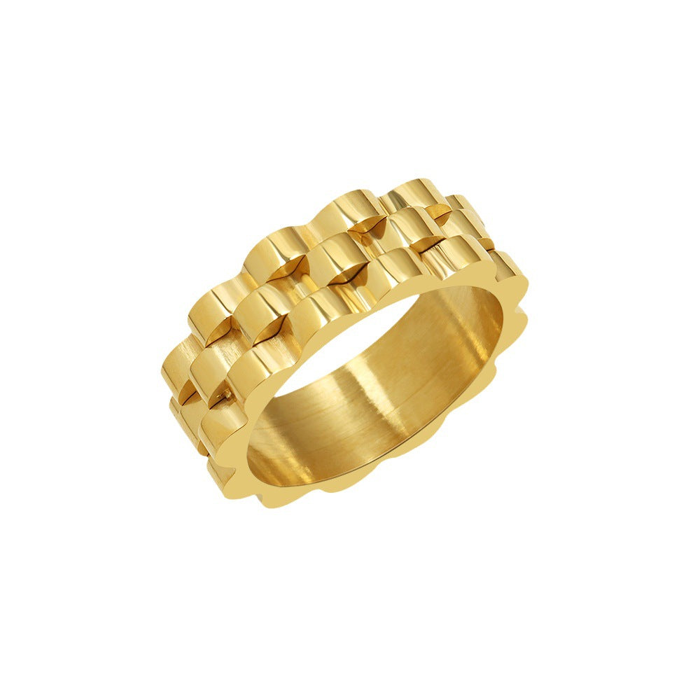 Exaggerated Retro Style Titanium Steel Gold Ring with Thick Strap