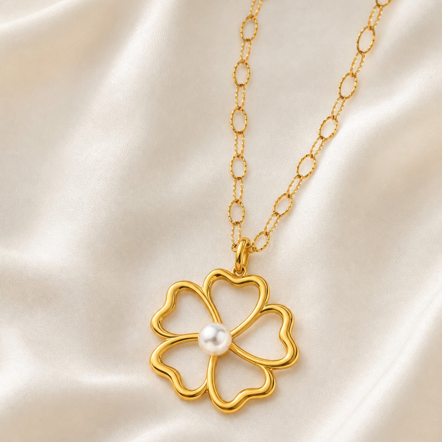 Metal Hollow Flower Imitation Pearl Necklace – Stainless Steel Elegant Ring