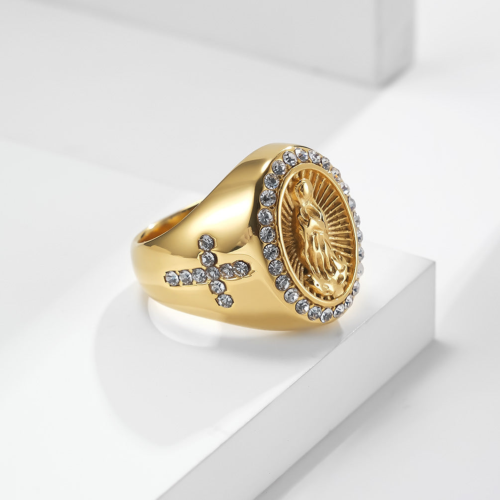 Planderful Virgin Mary Cross Zircon Ring Stainless Steel Gold Plated For Women Elegant Jewelry