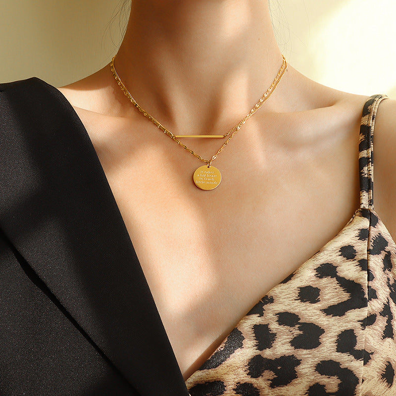 English Geometric Double Layered Necklace with Titanium Clavicle Chain