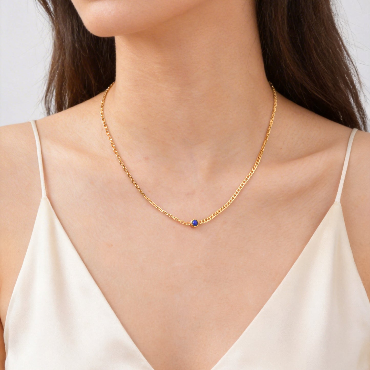 Spice Girls Design Sense Stainless Steel Natural Blue Chalcedony Colored Natural Stone Necklace
