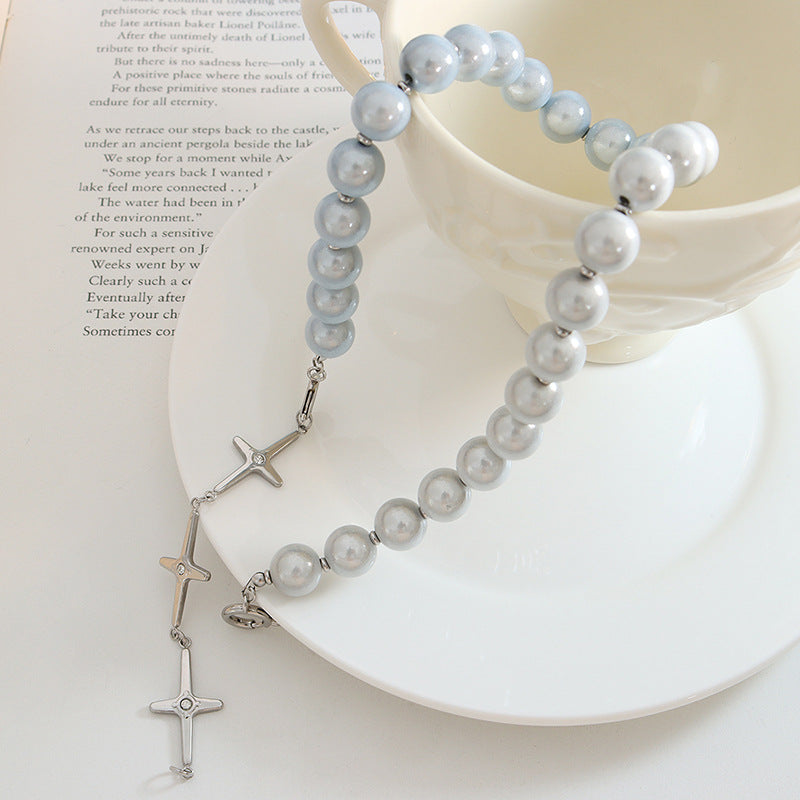 Neutral Style Reflective Cat Eye Beads Cross Necklace with Zircon Inlays