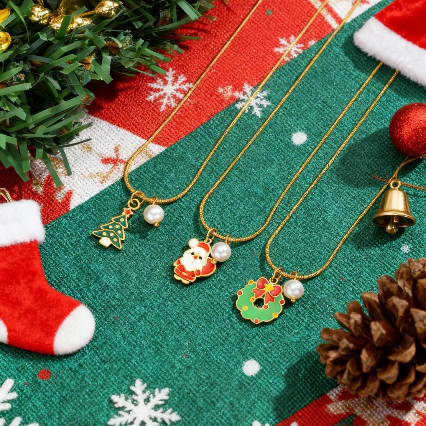 Stainless Steel Christmas Bells Santa Holiday Collection Girl Ornaments Pearl Necklace