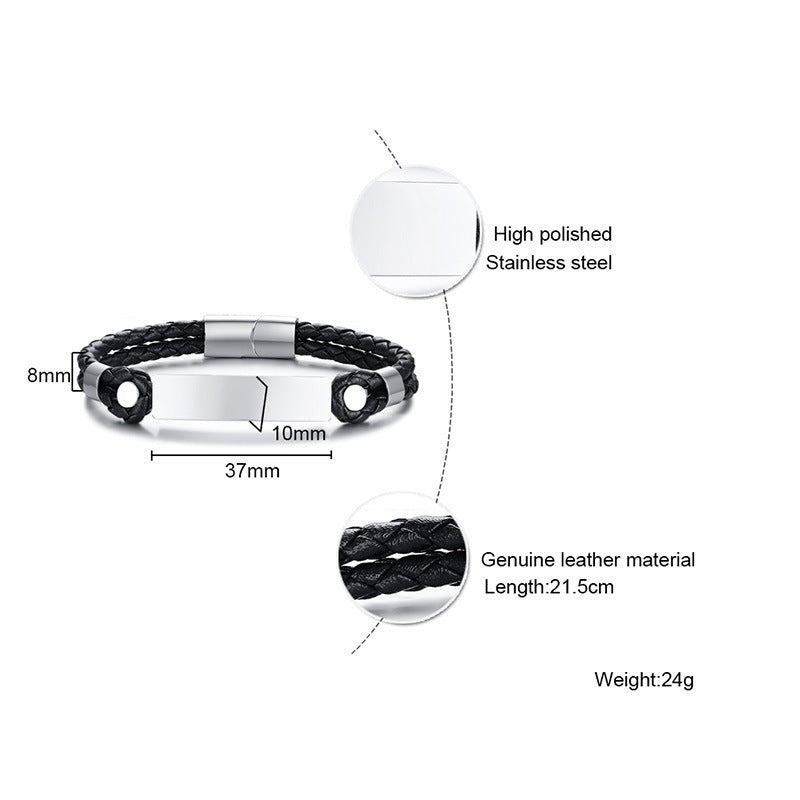 Leather Trendy Simple Blank Stainless Steel Bracelet for Men