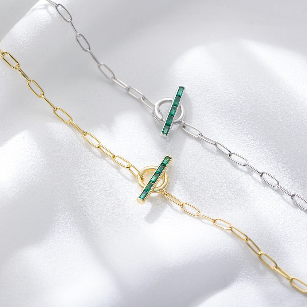 925 Sterling Silver Ot Buckle Geometric Ring Shape Emerald Zircon Bracelet Silver Chain