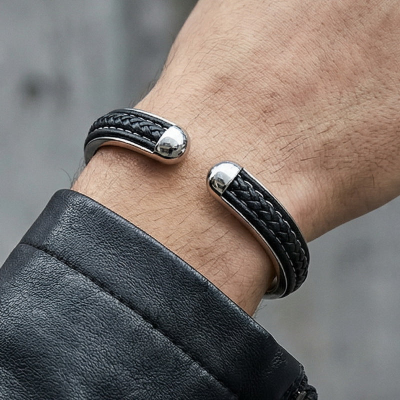 Design Atmospheric Braided Leather Stainless Steel C-Open Bracelet Men's