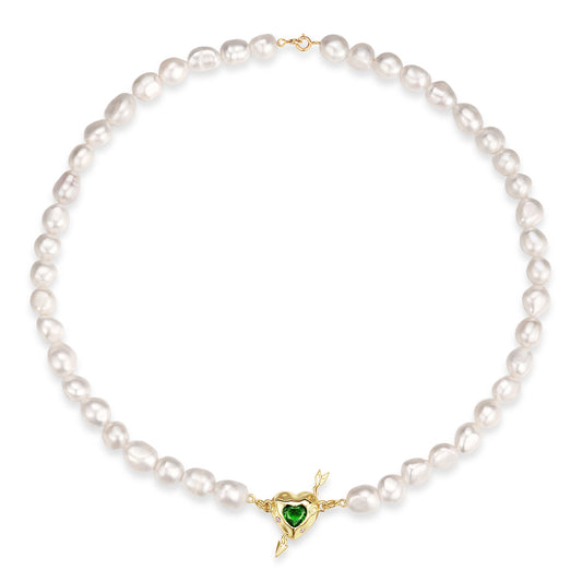 Green Zircon Heart Shape Pendant Baroque Pearl Splicing Silver Necklace