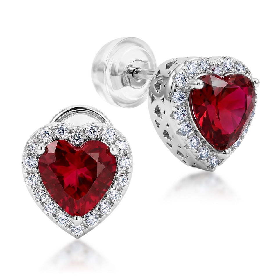 S925 Sterling Silver Lab-Grown Ruby Heart Stud Earrings