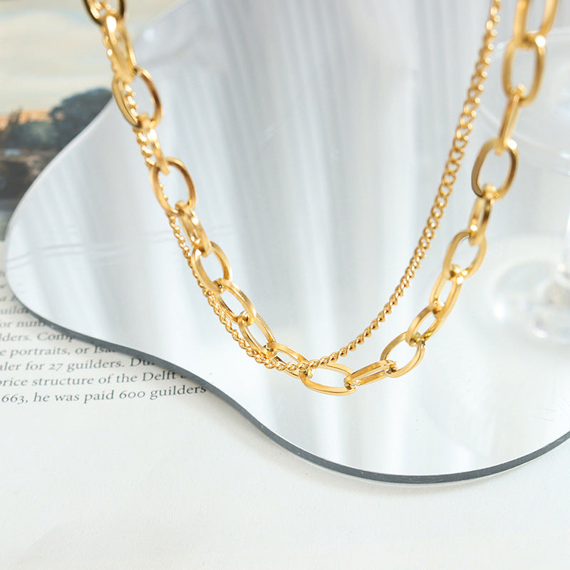 Queen's Wave Edge Double Layered Necklace - Titanium Plated with 18K Gold