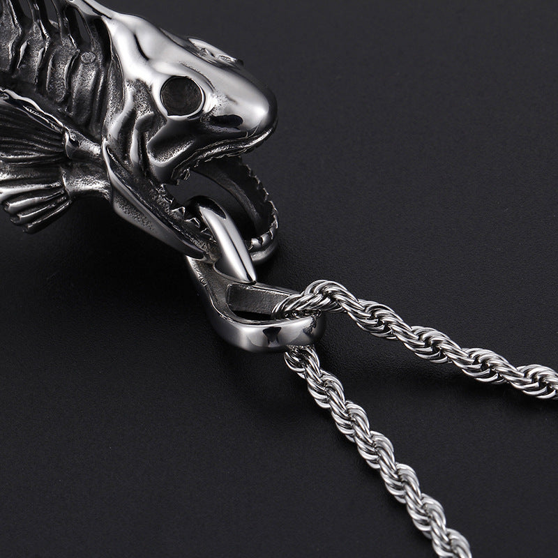 Exaggerated Shark Bone Pendant: Bold European-American Men's Jewelry in Titanium Steel