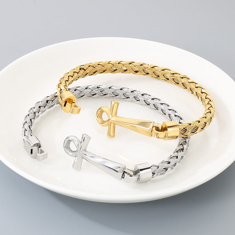 Stainless Steel Braided Wire Bracelet Ancient Egyptian Charm Of Life Anka Cross Men's