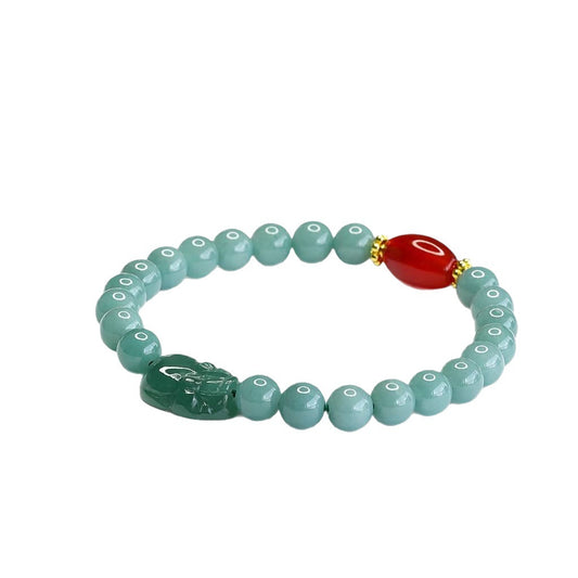 Blue Water Jadeite Pixiu & Barrel Bead Beaded Bracelet