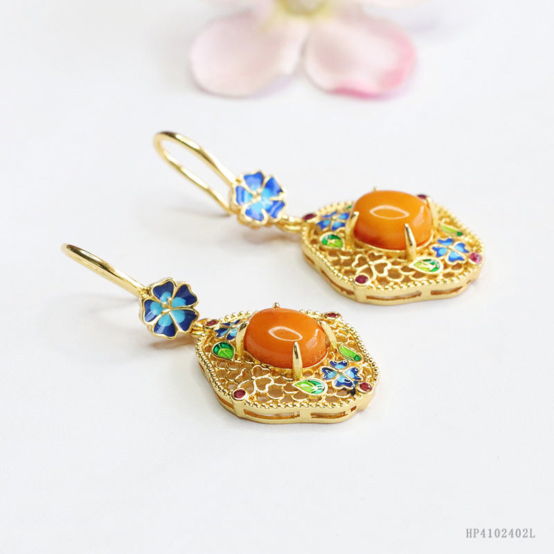 Beeswax Amber Enamel Flower Drop Earrings