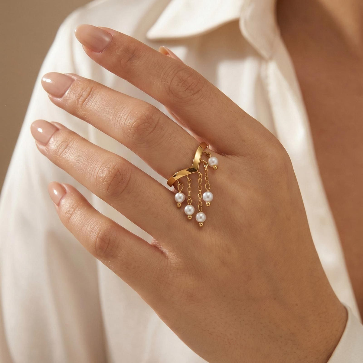 Ladies Open Ring Stainless Steel Gold V-Shaped Imitation Pearl Tassel Elegant
