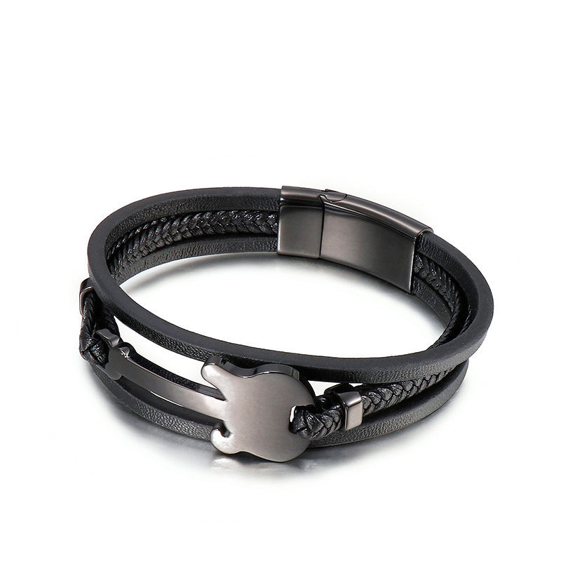 Planderful Titanium Steel Mini Guitar Leather Bracelet Men