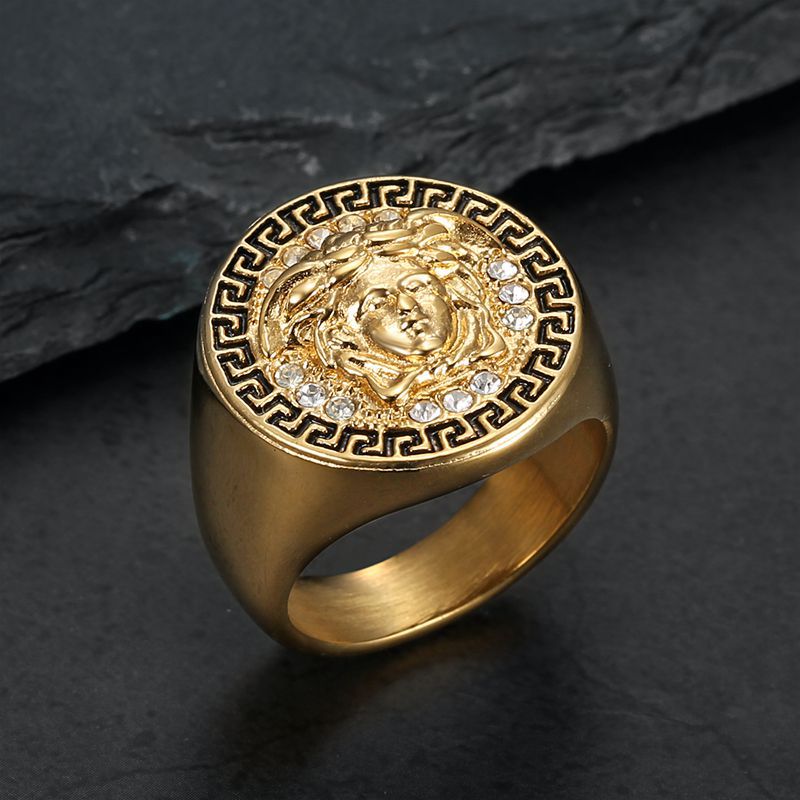 Planderful Everyday Genie Hip Hop Ring Titanium Steel Gold Plated Rhinestone Greek Mythology Head Mens