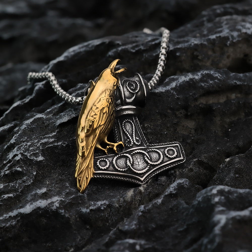 Vintage Stainless Steel Men's Viking Raven Thor Hammer Necklace