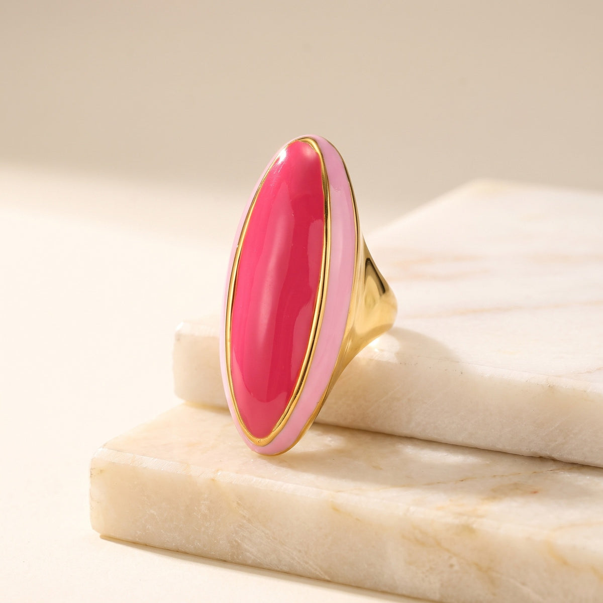 Stainless Steel Gold Rose Powder Drip Glaze Oval Ring