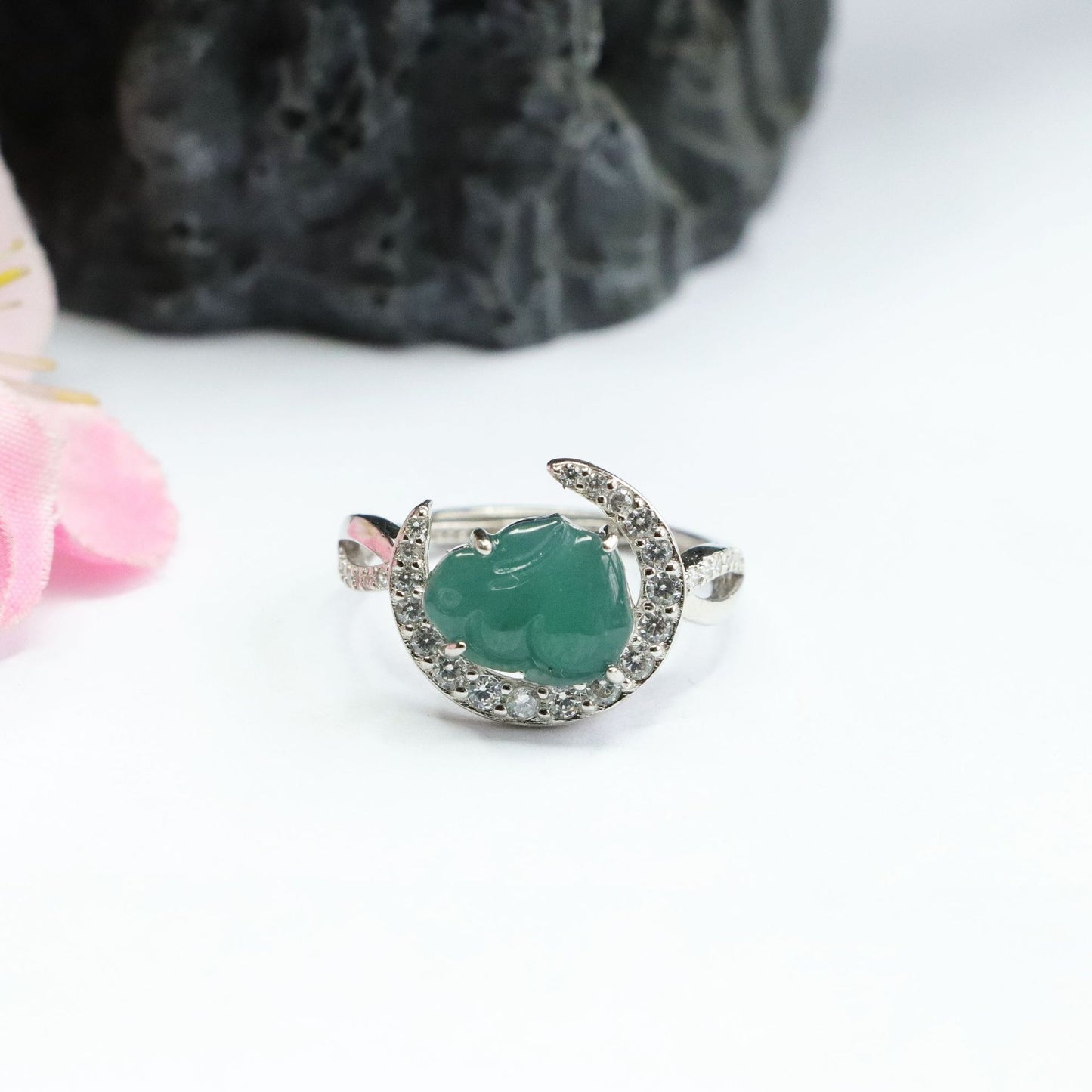 Sterling Silver Adjustable Jade Rabbit Moon Ring