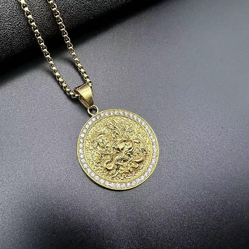 Planderful Everyday Genie Hip Hop Necklace For Men Titanium Steel Gold Plated Zircon St George Dragon Pendant