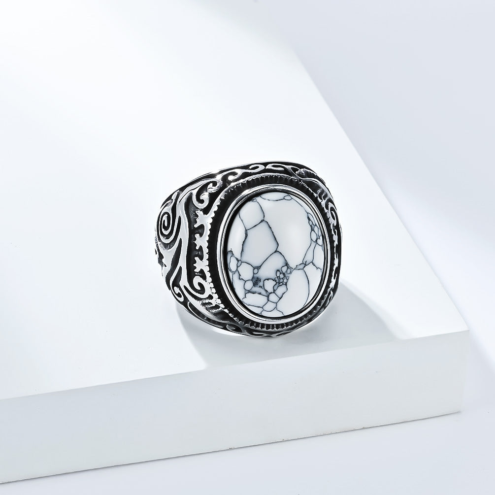 Planderful Mens Titanium Steel Ring With Tiger Eye Gem Retro Engraved Bold Statement Jewelry