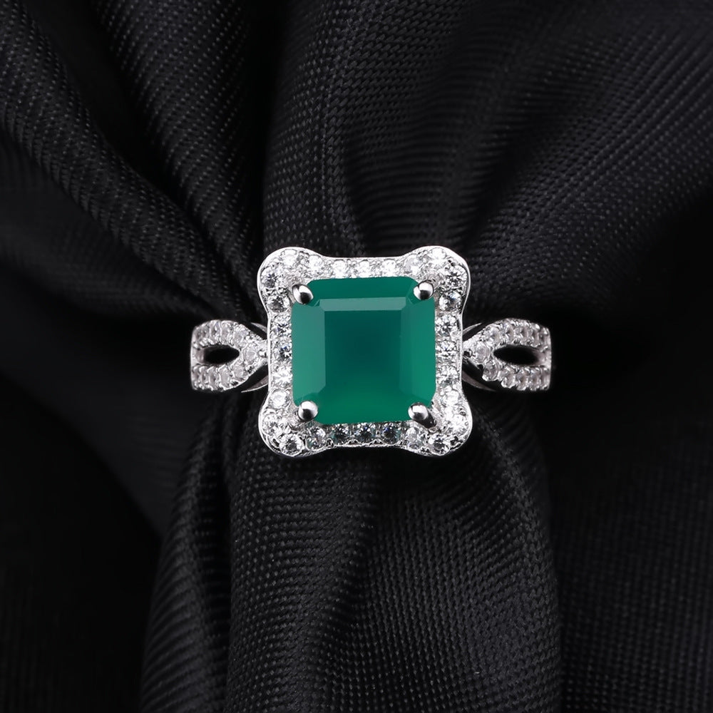 Retro Soleste Halo Square Natural Green Agate Silver Ring